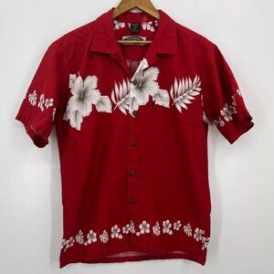 Palmwave Hawaii Mens Red Hibiscus Tropical Cotton Button Down Shirt Medium